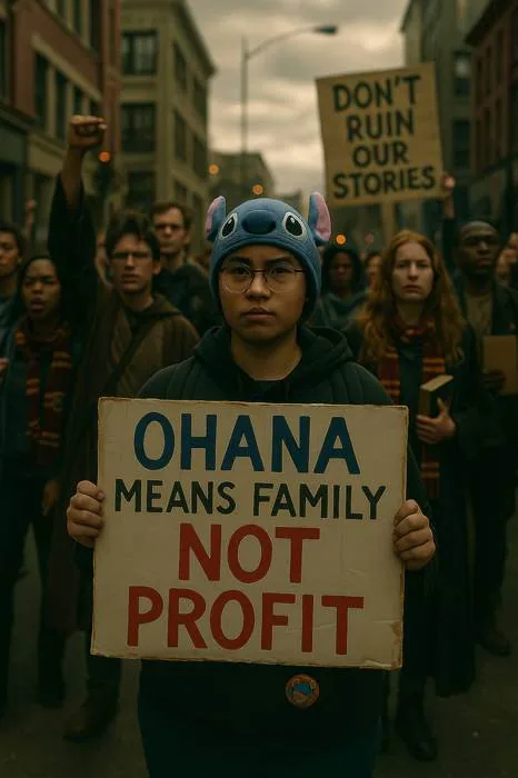 Fans at a protest holding a sign that reads Ohana means family, not profit