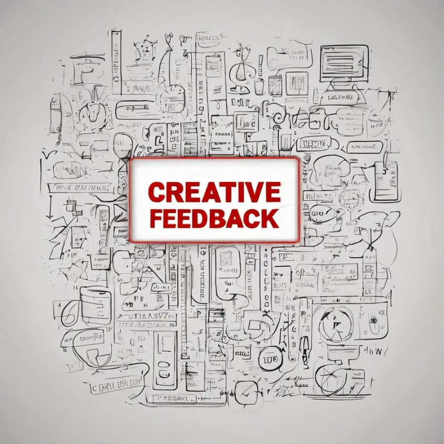 Sketched notes and arrows surrounding a red "Creative feedback" label
